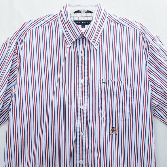 Tommy Hilfiger Button Down short Sleeve Shirt Men's size Large red white blue - Picture 1 of 8
